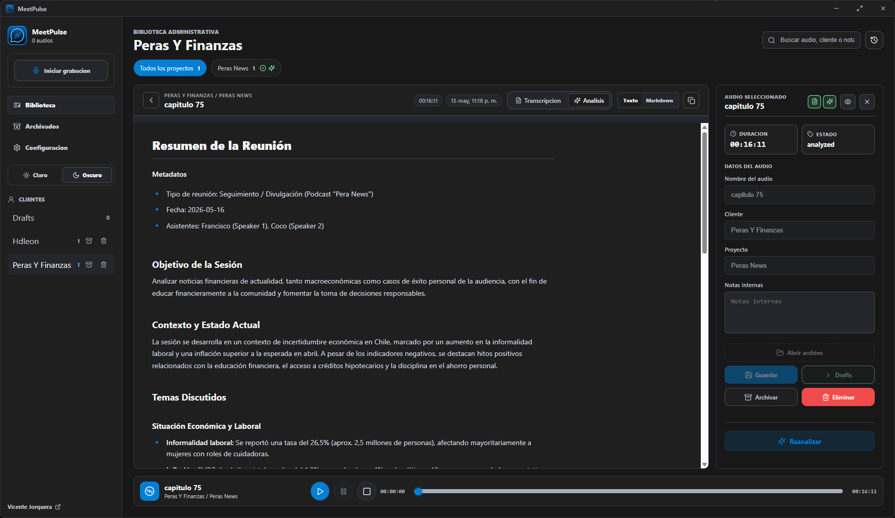 Vista de análisis de una transcripción